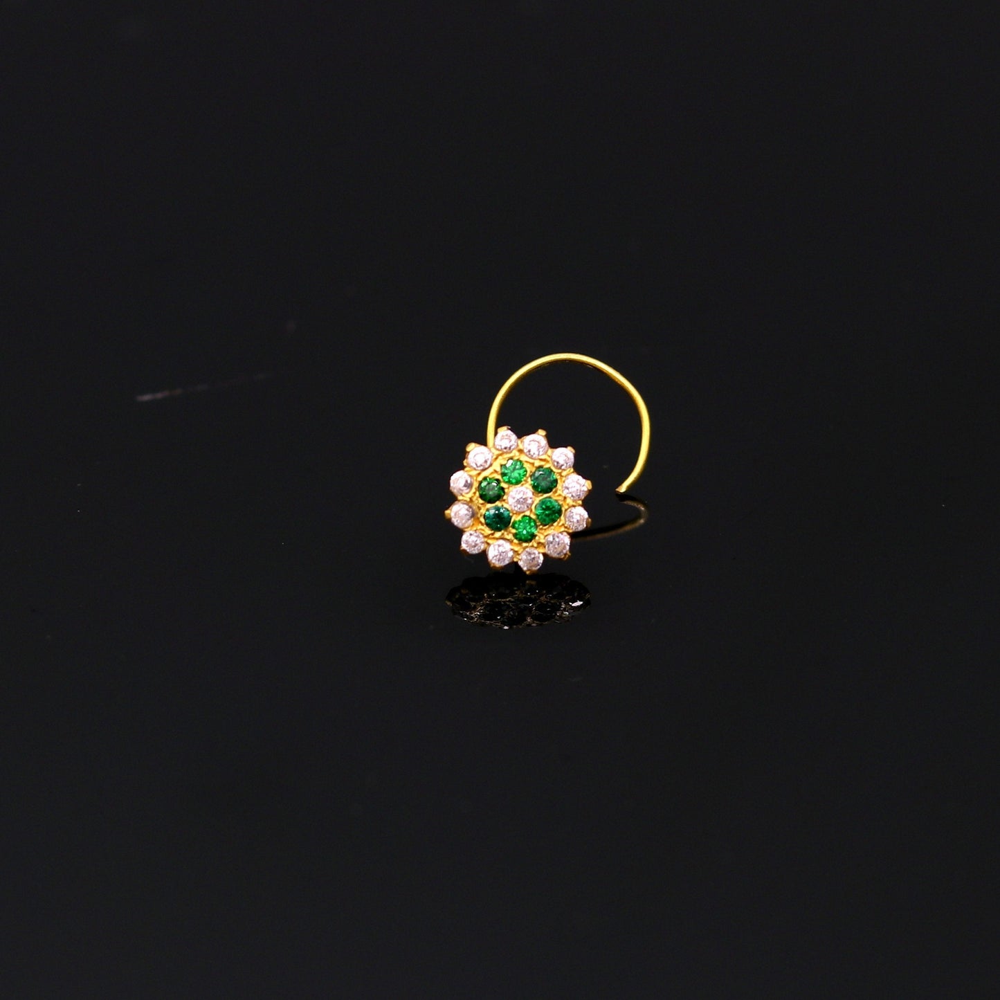 18kt yellow gold handmade fabulous green color stone cubic zircon nose stud,excellent women girls daily use jewelry from Rajasthan gnp16 - TRIBAL ORNAMENTS