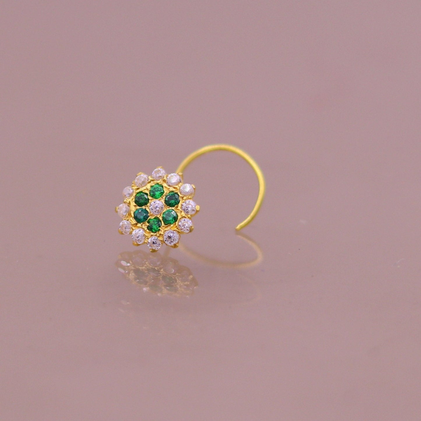 18kt yellow gold handmade fabulous green color stone cubic zircon nose stud,excellent women girls daily use jewelry from Rajasthan gnp16 - TRIBAL ORNAMENTS