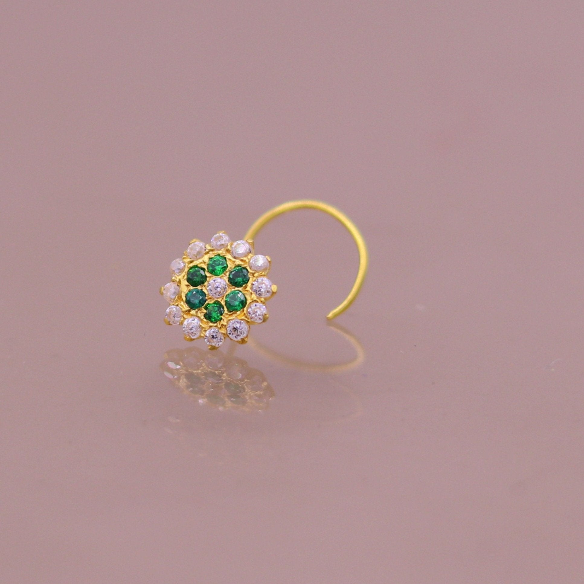 18kt yellow gold handmade fabulous green color stone cubic zircon nose stud,excellent women girls daily use jewelry from Rajasthan gnp16 - TRIBAL ORNAMENTS