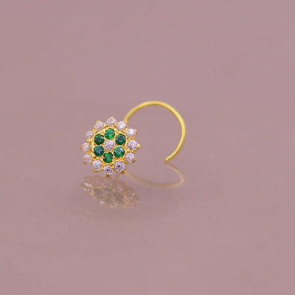 18kt yellow gold handmade fabulous green color stone cubic zircon nose stud,excellent women girls daily use jewelry from Rajasthan gnp16 - TRIBAL ORNAMENTS