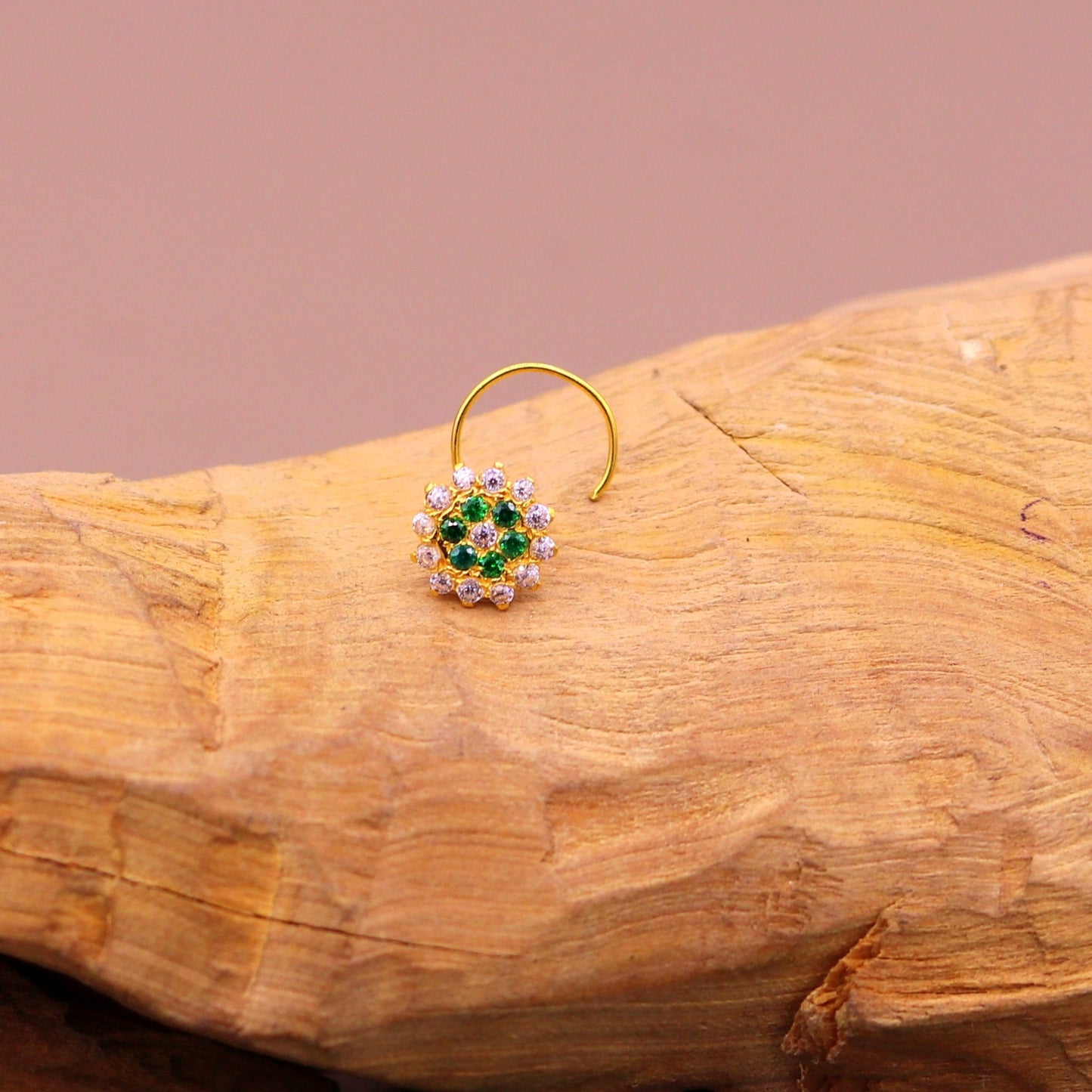 18kt yellow gold handmade fabulous green color stone cubic zircon nose stud,excellent women girls daily use jewelry from Rajasthan gnp16 - TRIBAL ORNAMENTS