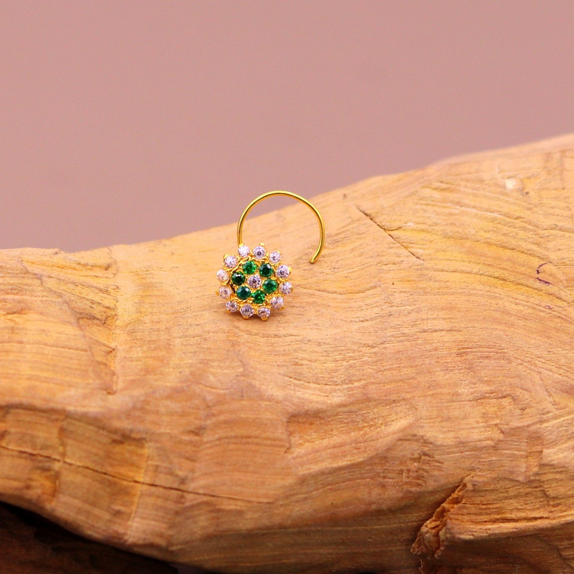 18kt yellow gold handmade fabulous green color stone cubic zircon nose stud,excellent women girls daily use jewelry from Rajasthan gnp16 - TRIBAL ORNAMENTS