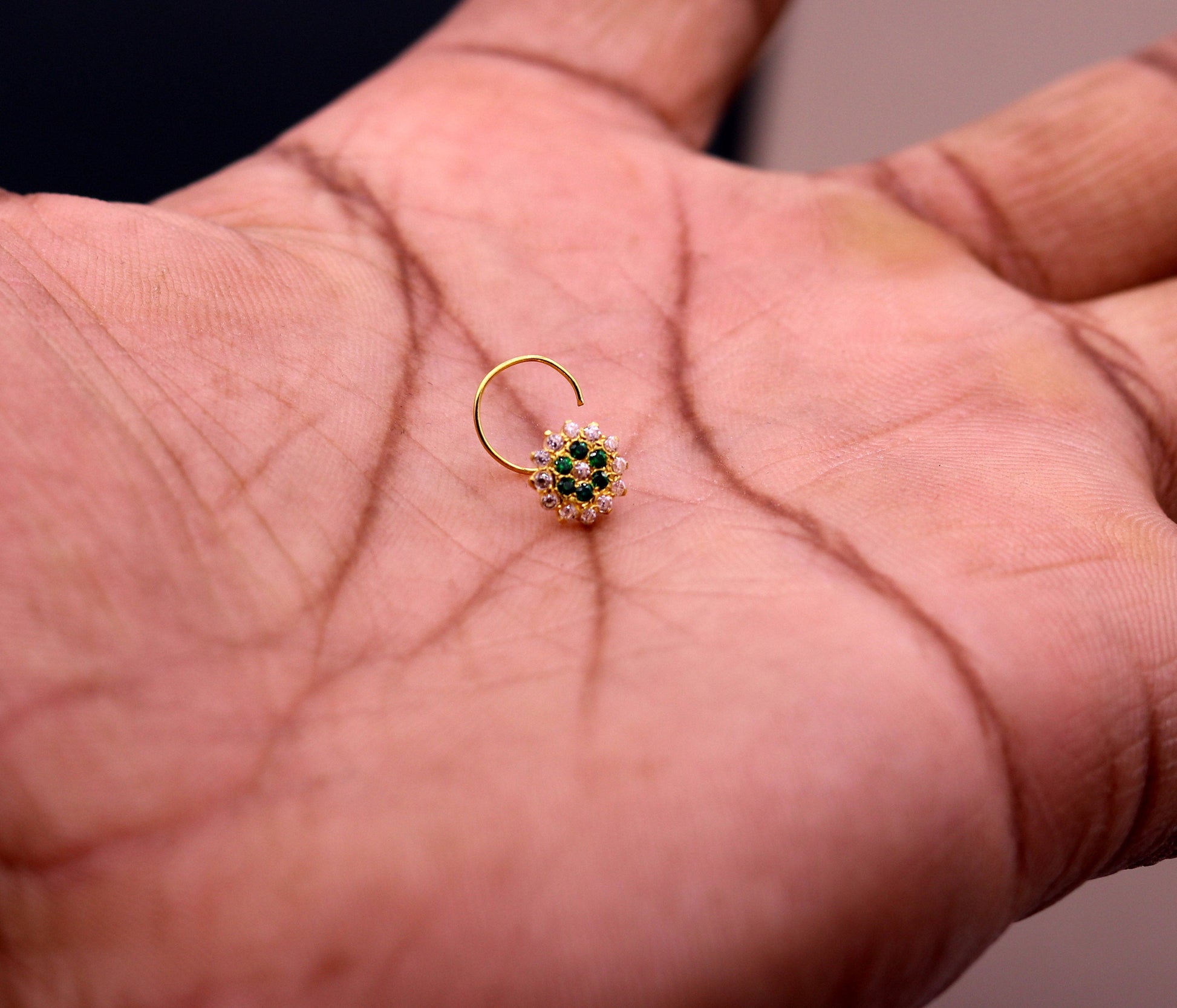 18kt yellow gold handmade fabulous green color stone cubic zircon nose stud,excellent women girls daily use jewelry from Rajasthan gnp16 - TRIBAL ORNAMENTS