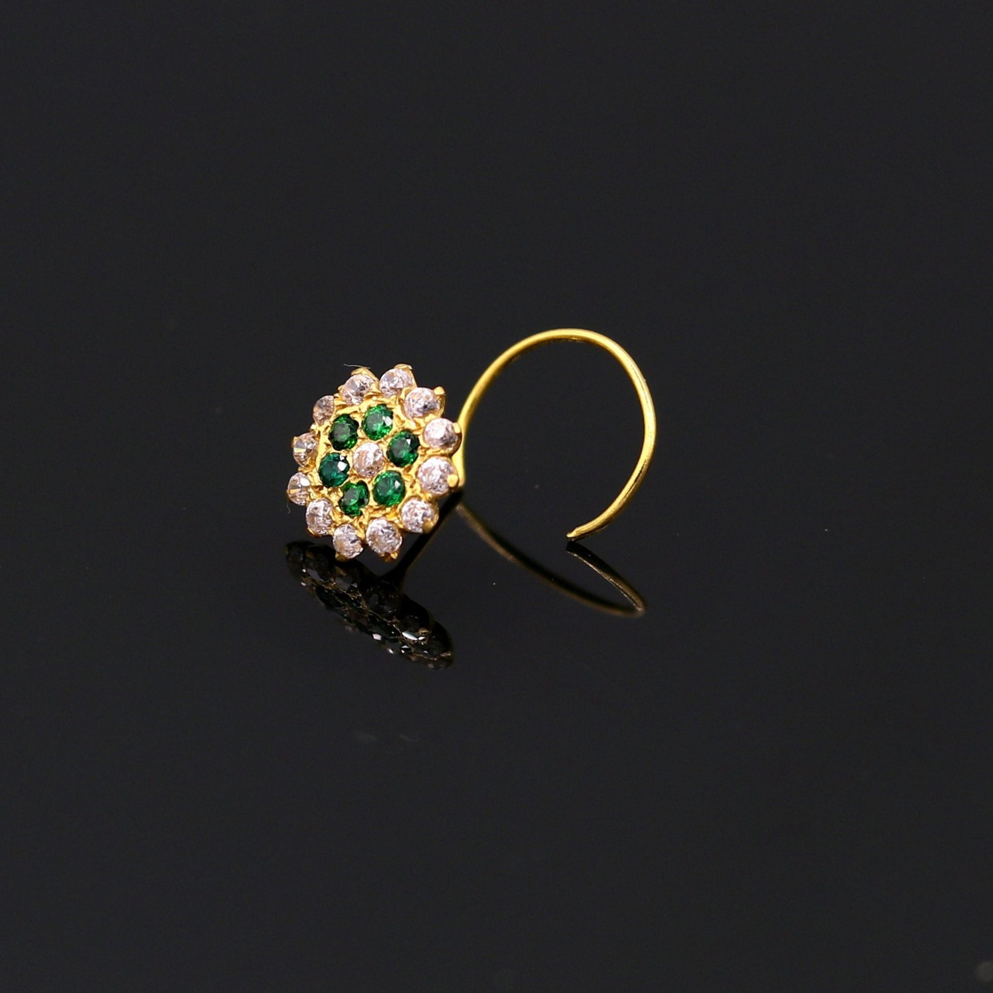 18kt yellow gold handmade fabulous green color stone cubic zircon nose stud,excellent women girls daily use jewelry from Rajasthan gnp16 - TRIBAL ORNAMENTS