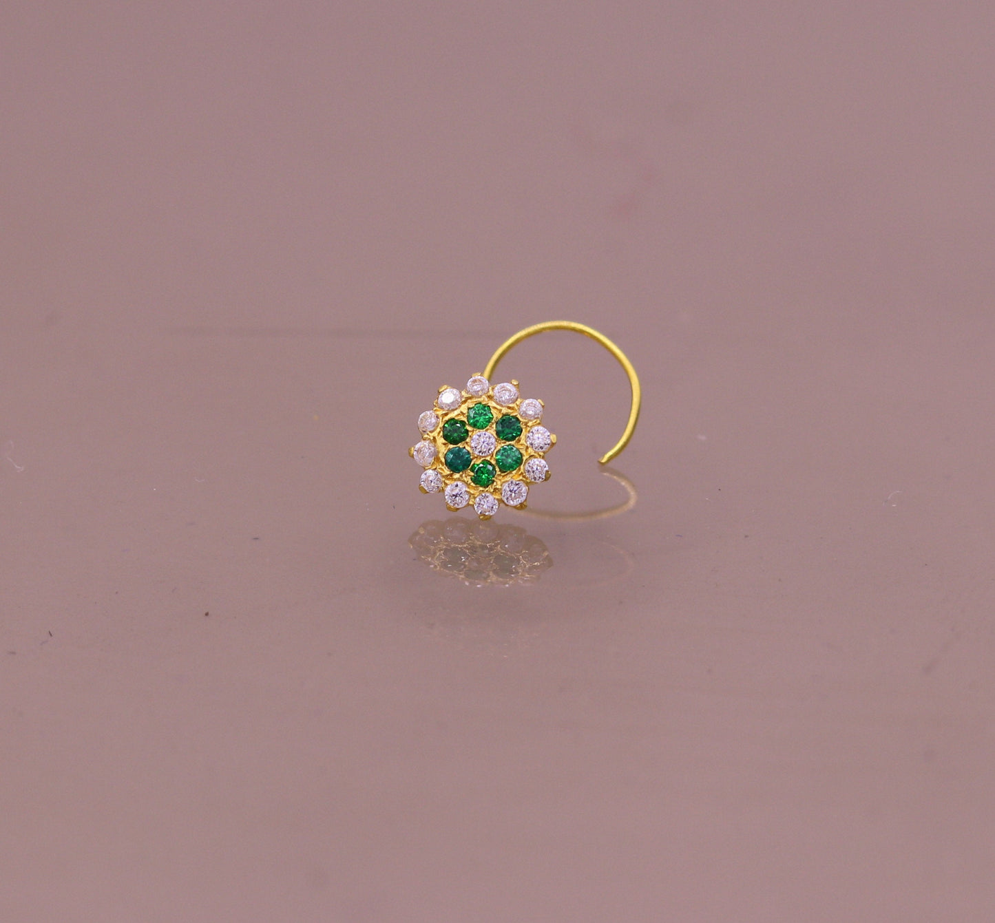 18kt yellow gold handmade fabulous green color stone cubic zircon nose stud,excellent women girls daily use jewelry from Rajasthan gnp16 - TRIBAL ORNAMENTS