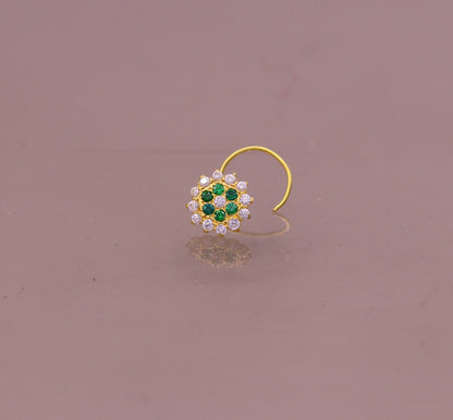 18kt yellow gold handmade fabulous green color stone cubic zircon nose stud,excellent women girls daily use jewelry from Rajasthan gnp16 - TRIBAL ORNAMENTS