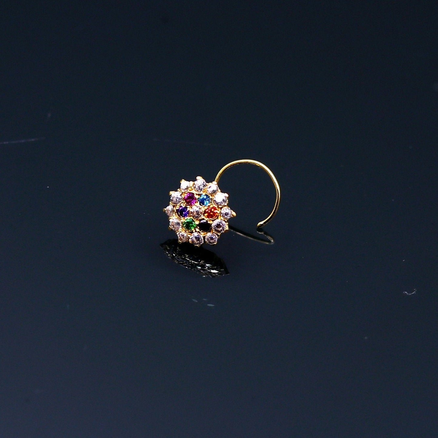 18kt yellow gold handmade fabulous multi color stone cubic zircon nose stud,excellent women girls daily use jewelry from Rajasthan gnp15 - TRIBAL ORNAMENTS