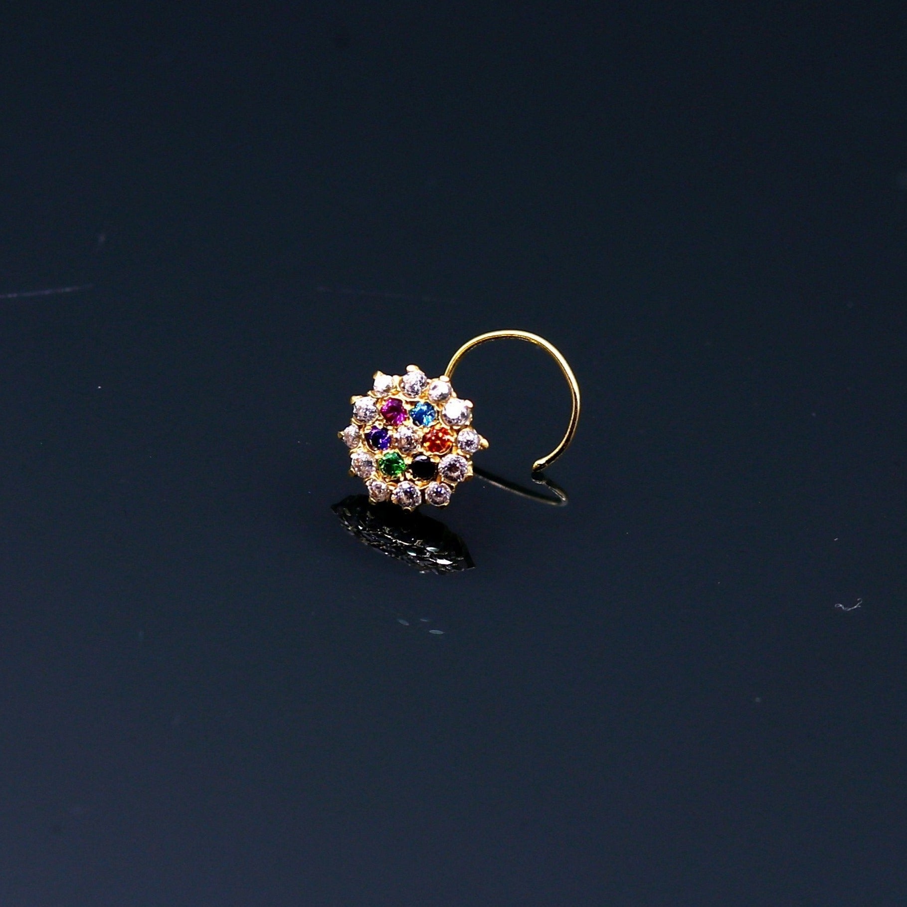 18kt yellow gold handmade fabulous multi color stone cubic zircon nose stud,excellent women girls daily use jewelry from Rajasthan gnp15 - TRIBAL ORNAMENTS