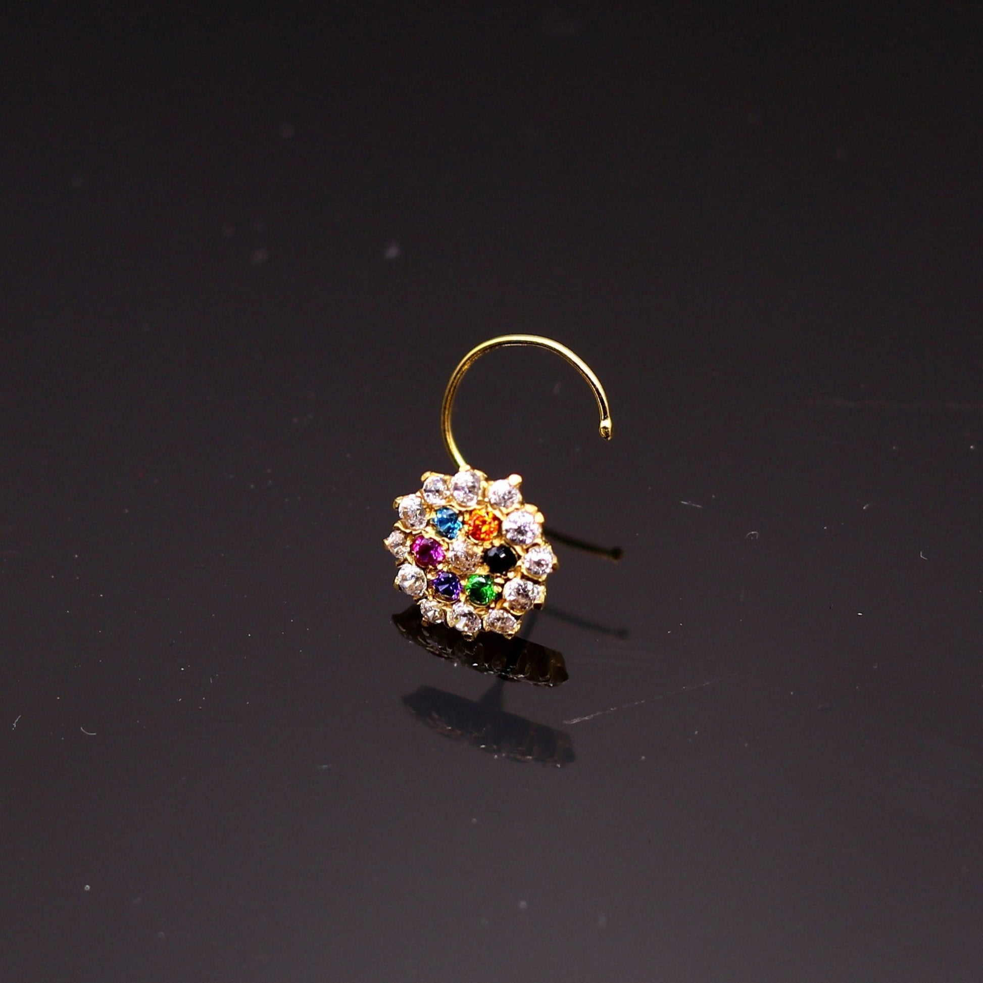 18kt yellow gold handmade fabulous multi color stone cubic zircon nose stud,excellent women girls daily use jewelry from Rajasthan gnp15 - TRIBAL ORNAMENTS