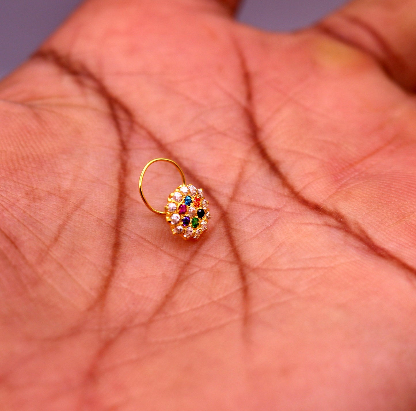 18kt yellow gold handmade fabulous multi color stone cubic zircon nose stud,excellent women girls daily use jewelry from Rajasthan gnp15 - TRIBAL ORNAMENTS