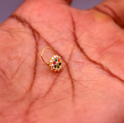 18kt yellow gold handmade fabulous multi color stone cubic zircon nose stud,excellent women girls daily use jewelry from Rajasthan gnp15 - TRIBAL ORNAMENTS
