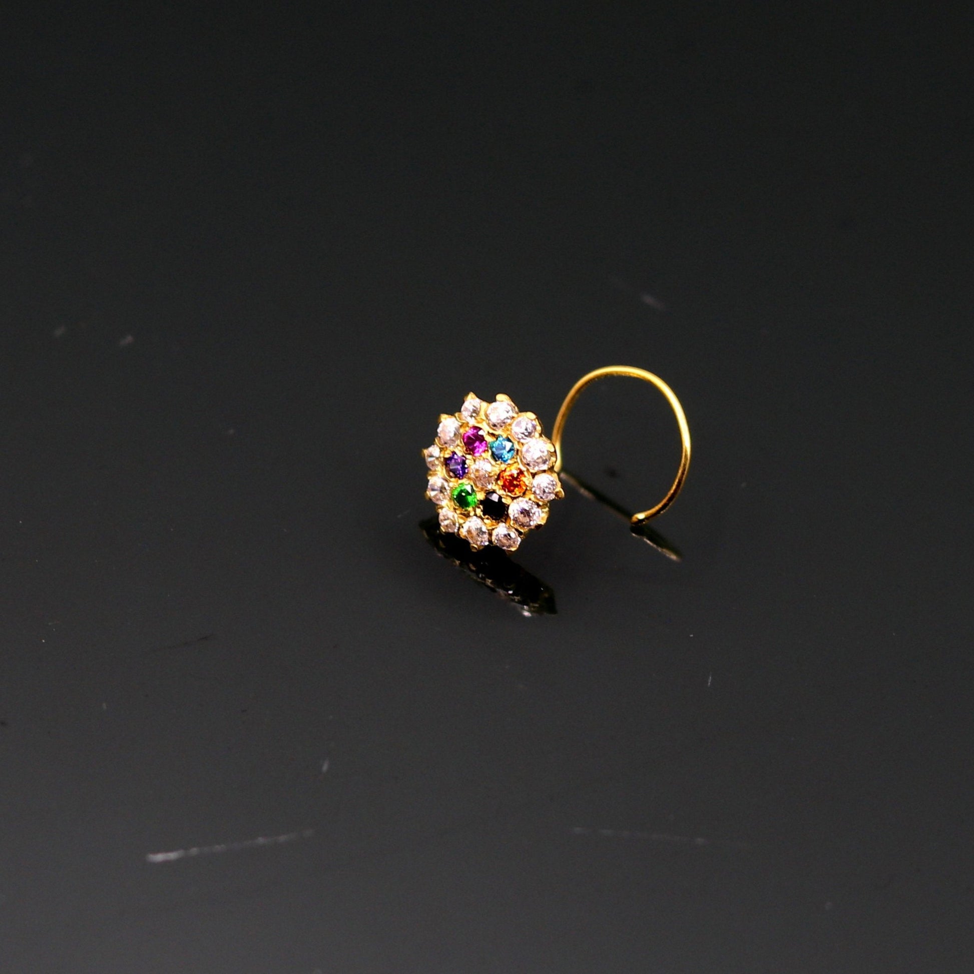 18kt yellow gold handmade fabulous multi color stone cubic zircon nose stud,excellent women girls daily use jewelry from Rajasthan gnp15 - TRIBAL ORNAMENTS