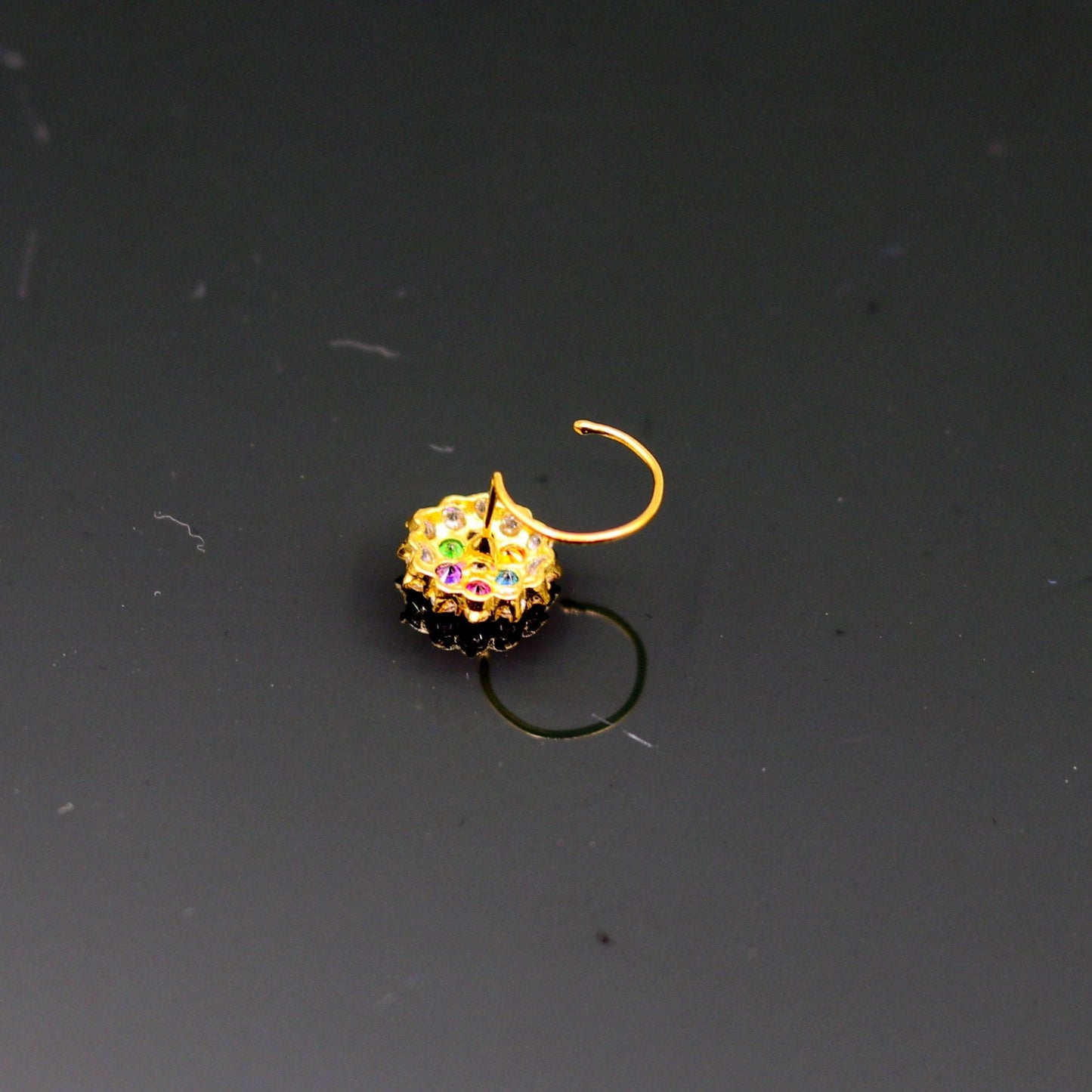 18kt yellow gold handmade fabulous multi color stone cubic zircon nose stud,excellent women girls daily use jewelry from Rajasthan gnp15 - TRIBAL ORNAMENTS