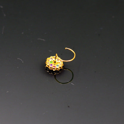 18kt yellow gold handmade fabulous multi color stone cubic zircon nose stud,excellent women girls daily use jewelry from Rajasthan gnp15 - TRIBAL ORNAMENTS