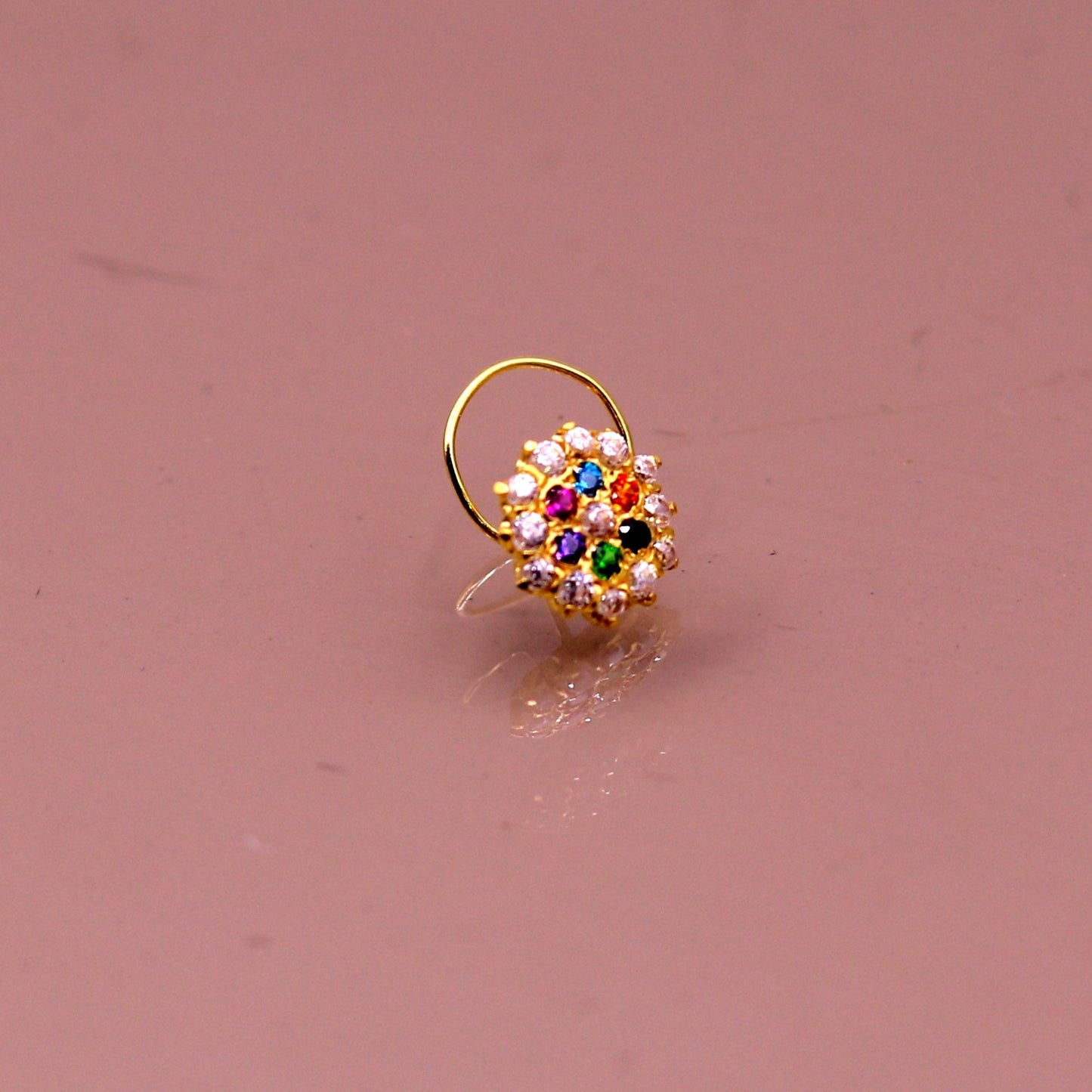 18kt yellow gold handmade fabulous multi color stone cubic zircon nose stud,excellent women girls daily use jewelry from Rajasthan gnp15 - TRIBAL ORNAMENTS