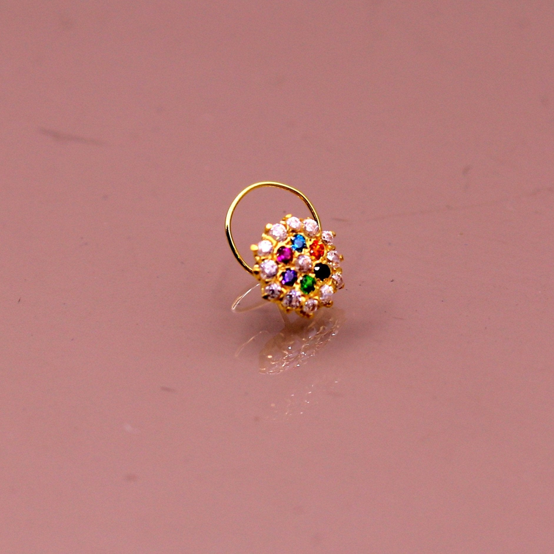 18kt yellow gold handmade fabulous multi color stone cubic zircon nose stud,excellent women girls daily use jewelry from Rajasthan gnp15 - TRIBAL ORNAMENTS