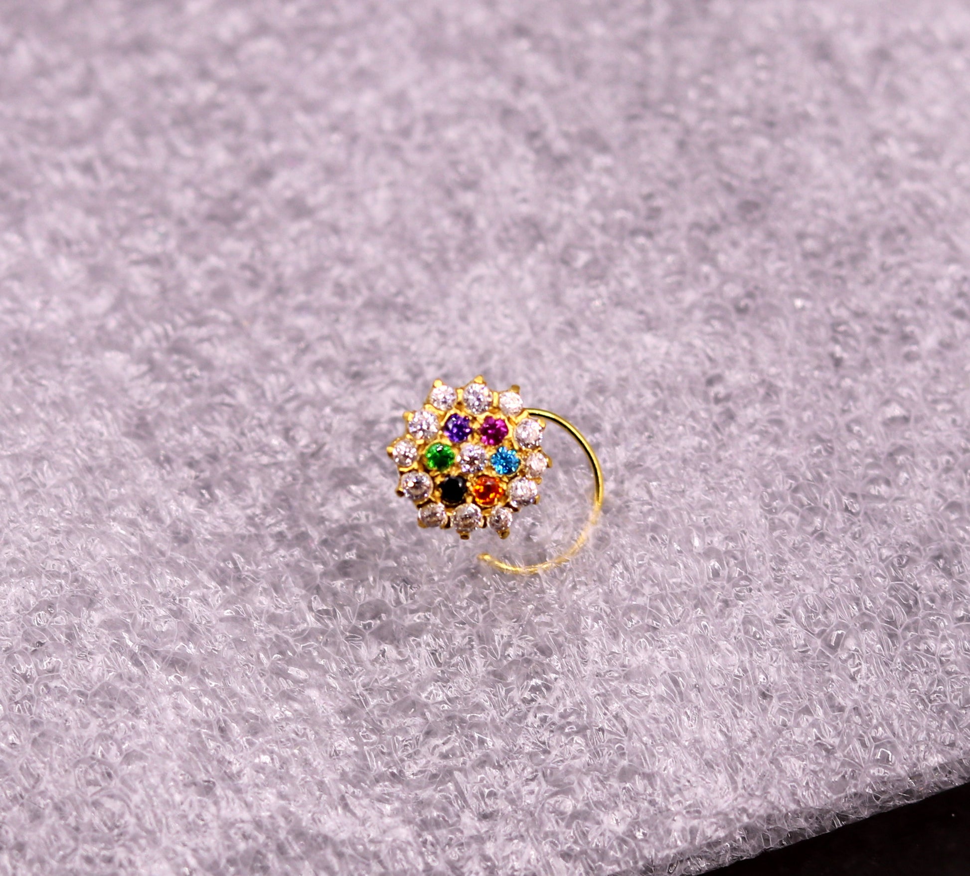 18kt yellow gold handmade fabulous multi color stone cubic zircon nose stud,excellent women girls daily use jewelry from Rajasthan gnp15 - TRIBAL ORNAMENTS