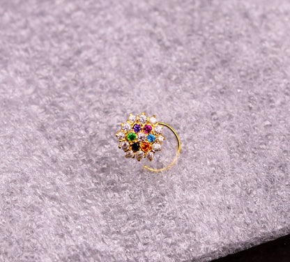 18kt yellow gold handmade fabulous multi color stone cubic zircon nose stud,excellent women girls daily use jewelry from Rajasthan gnp15 - TRIBAL ORNAMENTS