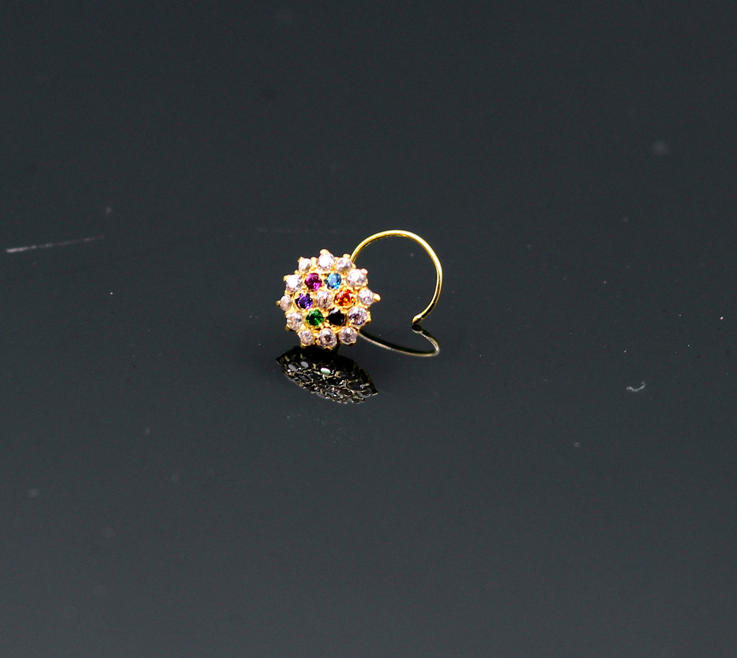 18kt yellow gold handmade fabulous multi color stone cubic zircon nose stud,excellent women girls daily use jewelry from Rajasthan gnp15 - TRIBAL ORNAMENTS
