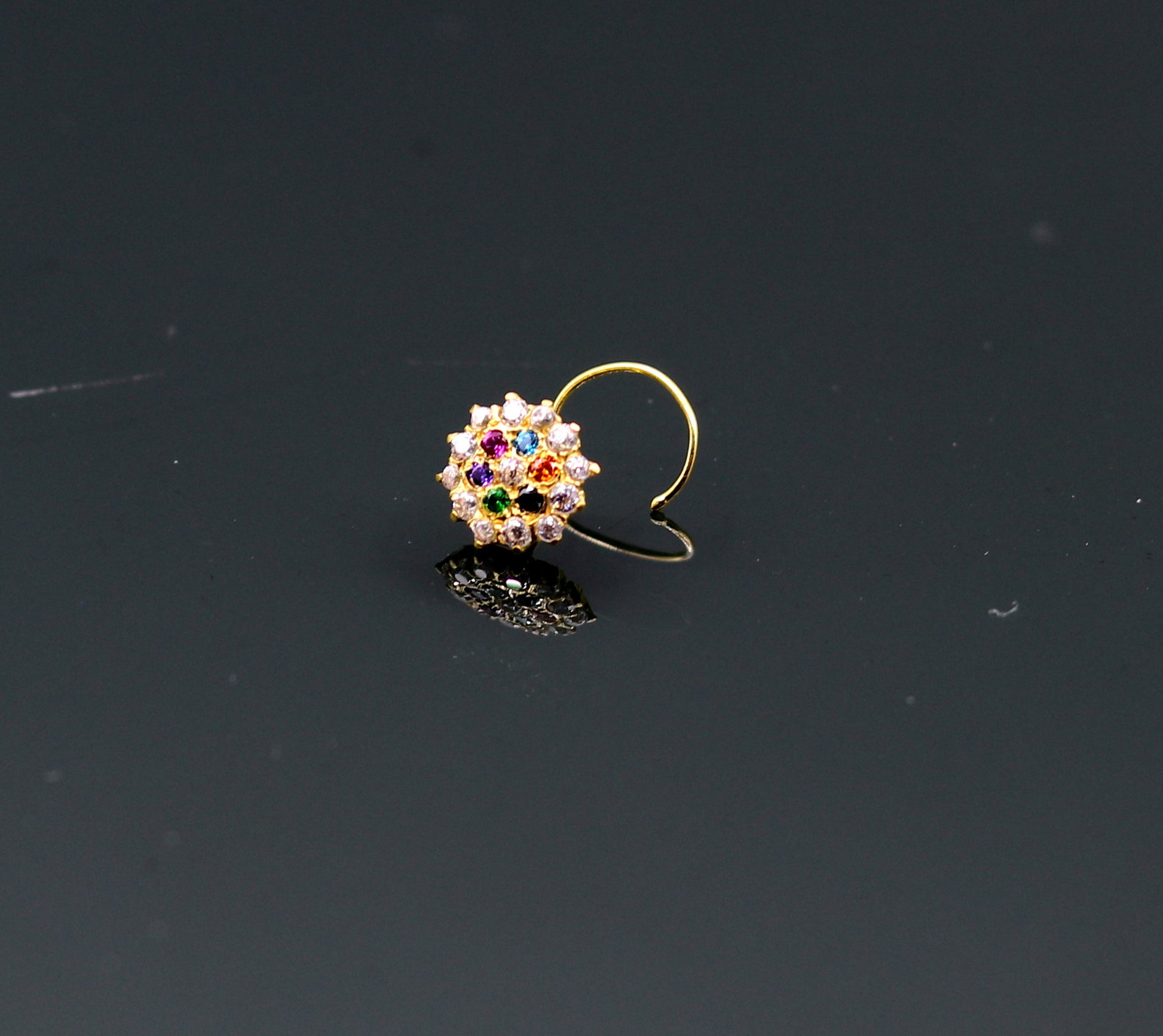 18kt yellow gold handmade fabulous multi color stone cubic zircon nose stud,excellent women girls daily use jewelry from Rajasthan gnp15 - TRIBAL ORNAMENTS