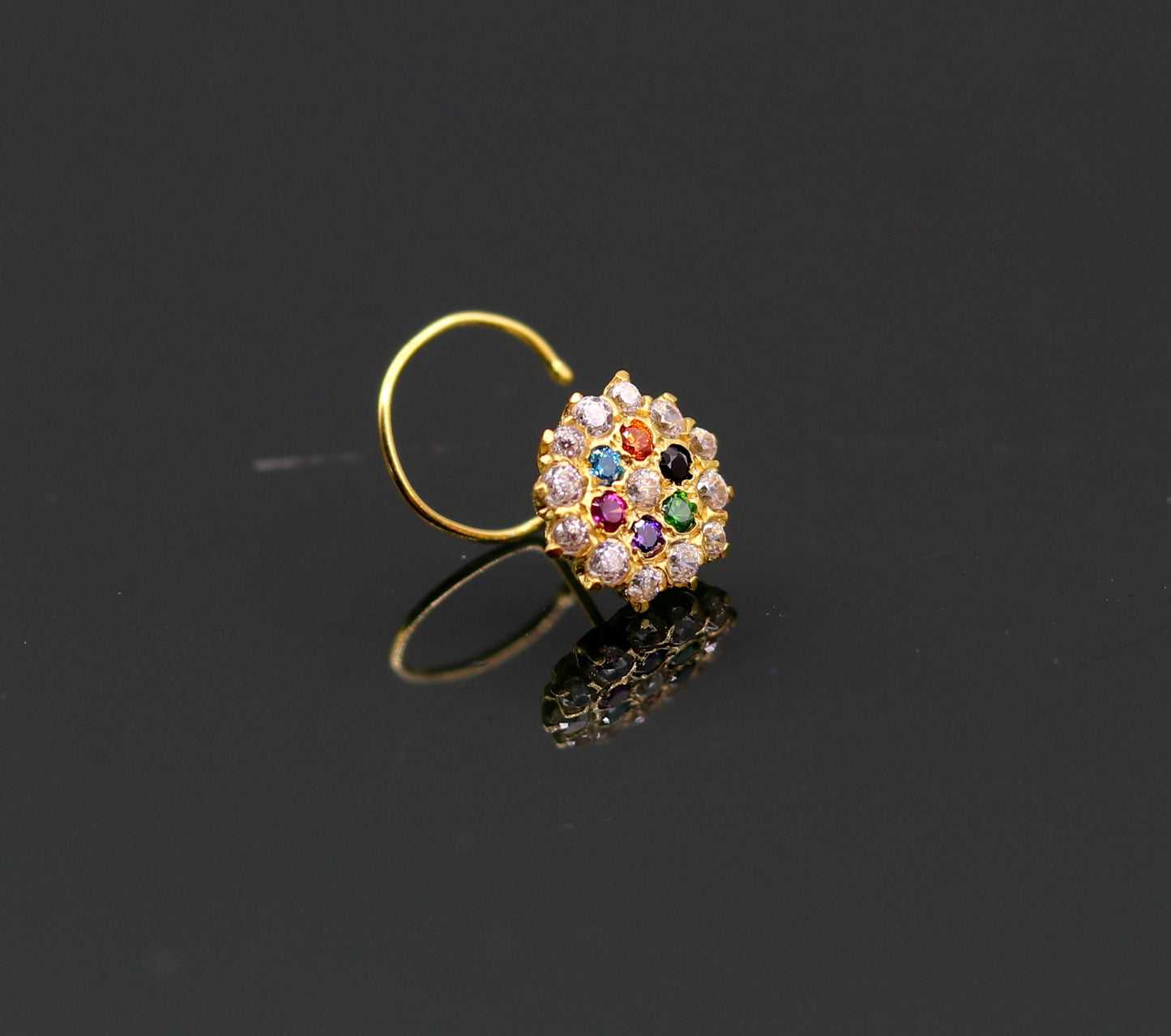 18kt yellow gold handmade fabulous multi color stone cubic zircon nose stud,excellent women girls daily use jewelry from Rajasthan gnp15 - TRIBAL ORNAMENTS