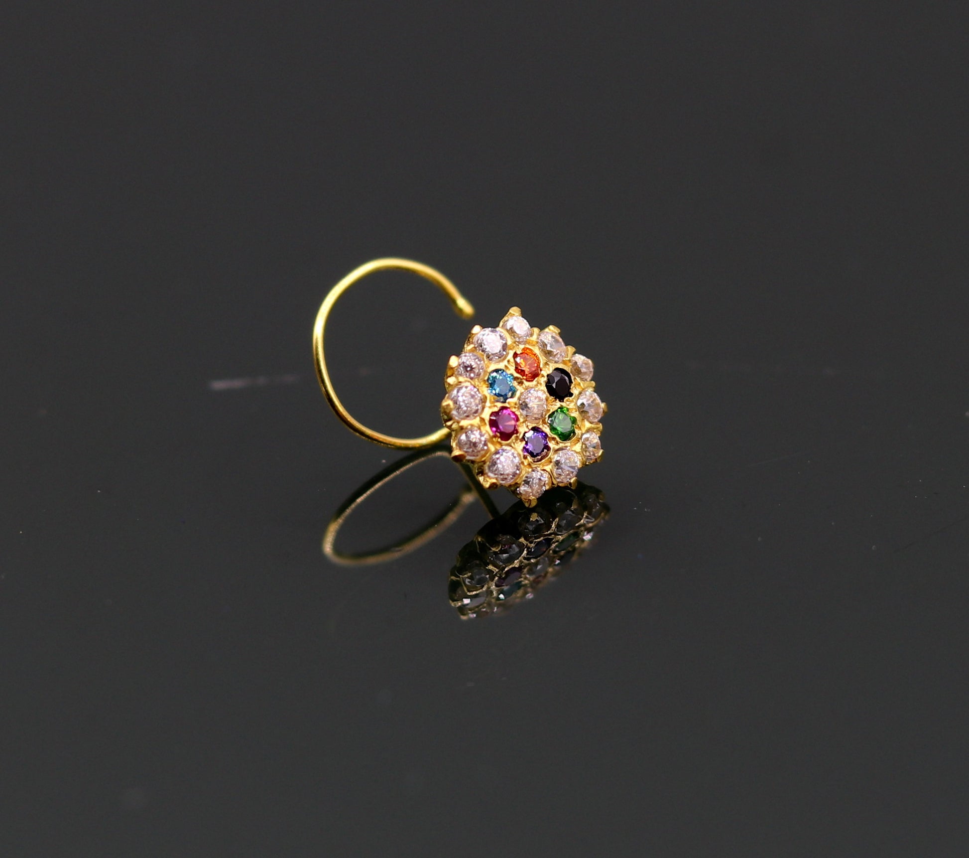 18kt yellow gold handmade fabulous multi color stone cubic zircon nose stud,excellent women girls daily use jewelry from Rajasthan gnp15 - TRIBAL ORNAMENTS