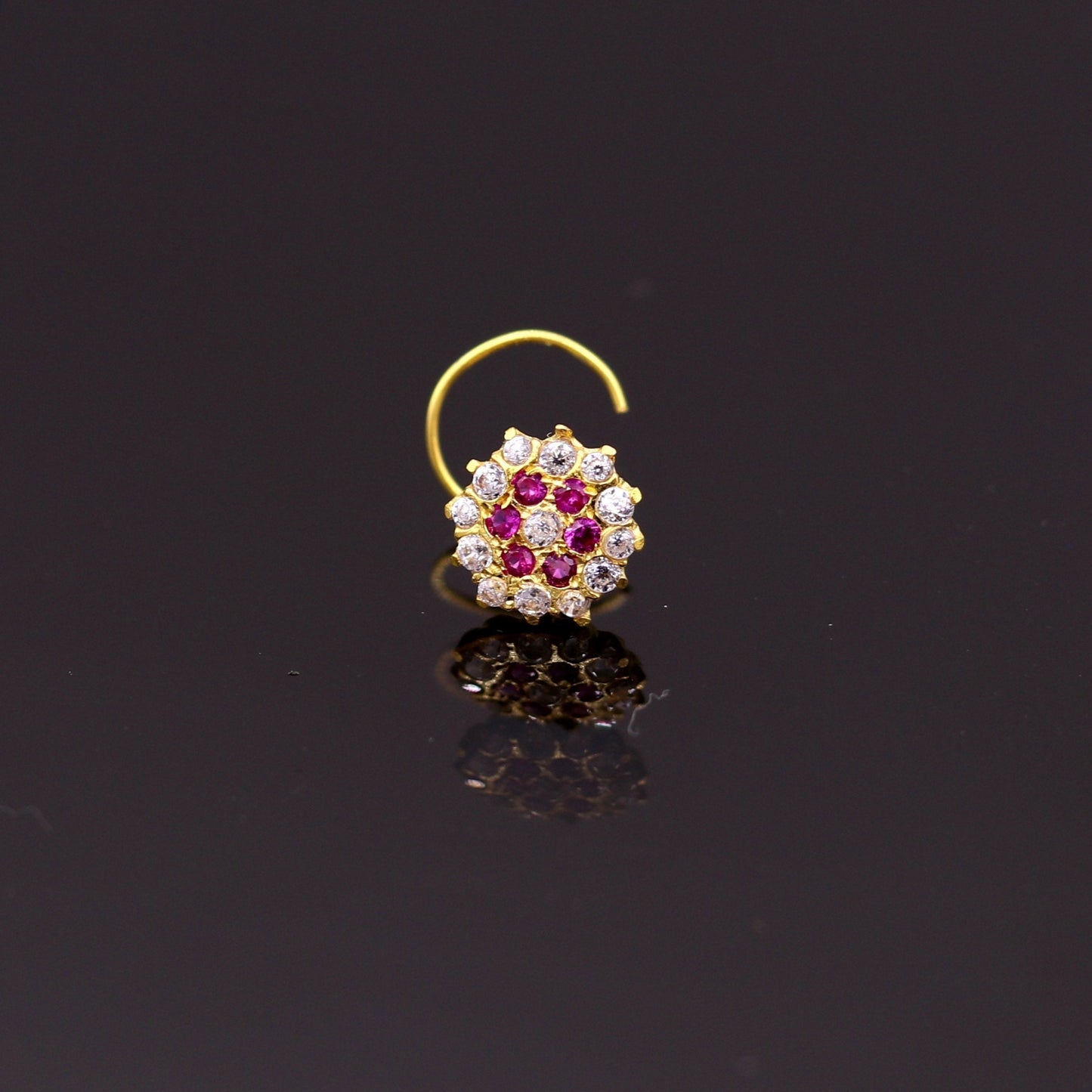 18kt yellow gold handmade fabulous pink color stone cubic zircon nose stud,excellent women girls daily use jewelry from Rajasthan gnp17 - TRIBAL ORNAMENTS