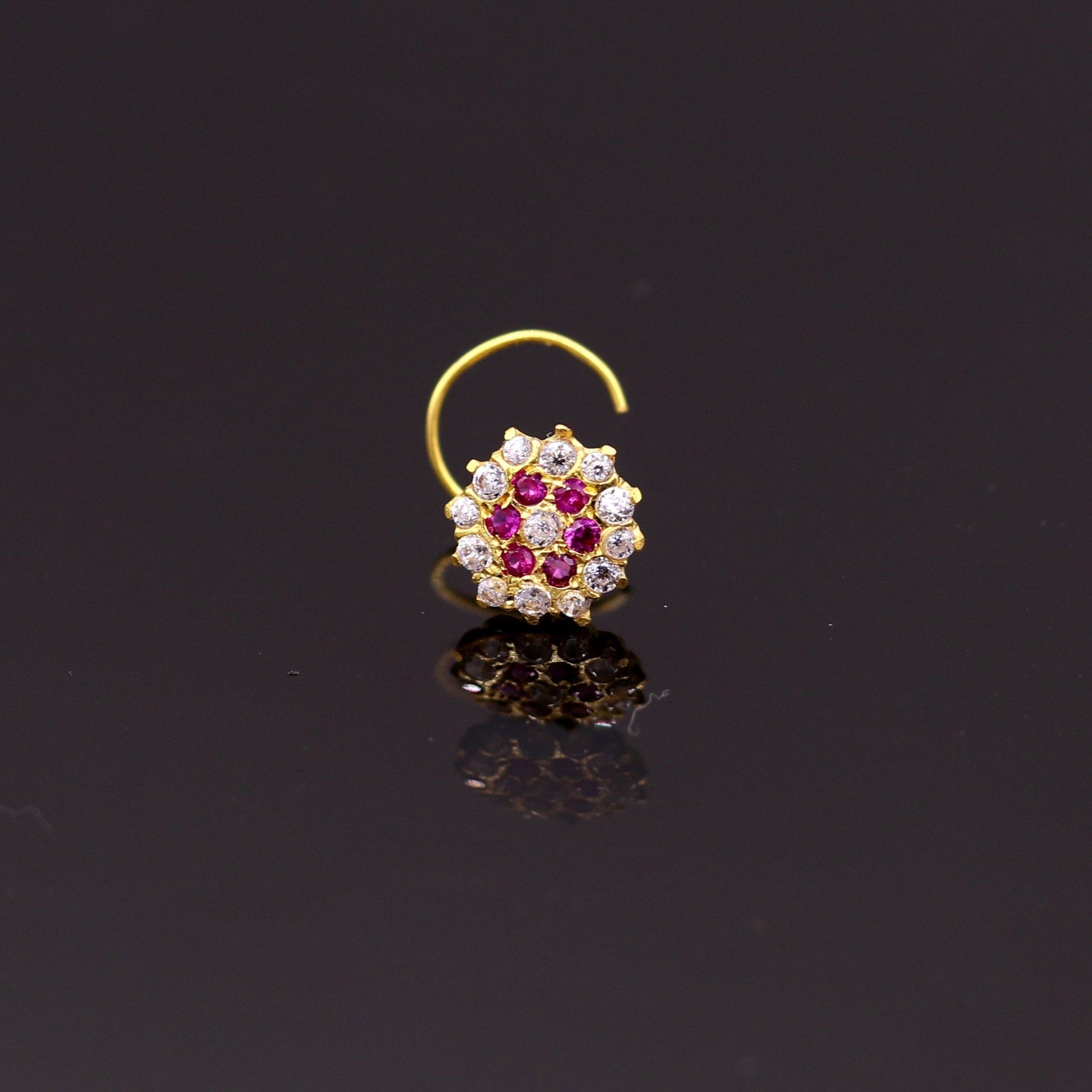 18kt yellow gold handmade fabulous pink color stone cubic zircon nose stud,excellent women girls daily use jewelry from Rajasthan gnp17 - TRIBAL ORNAMENTS