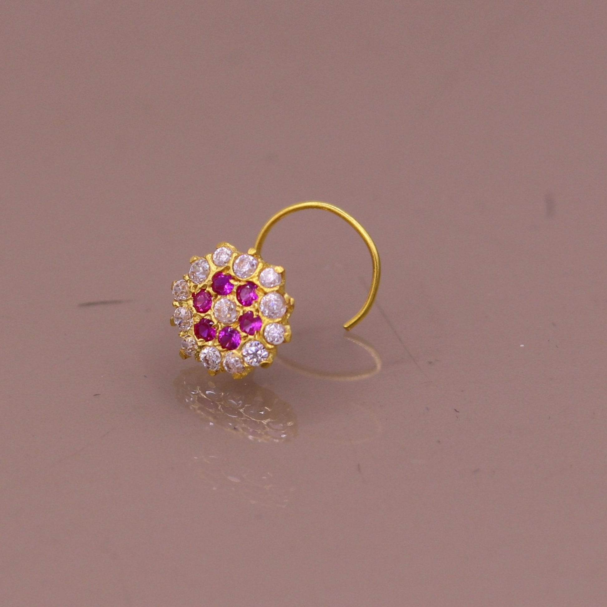 18kt yellow gold handmade fabulous pink color stone cubic zircon nose stud,excellent women girls daily use jewelry from Rajasthan gnp17 - TRIBAL ORNAMENTS