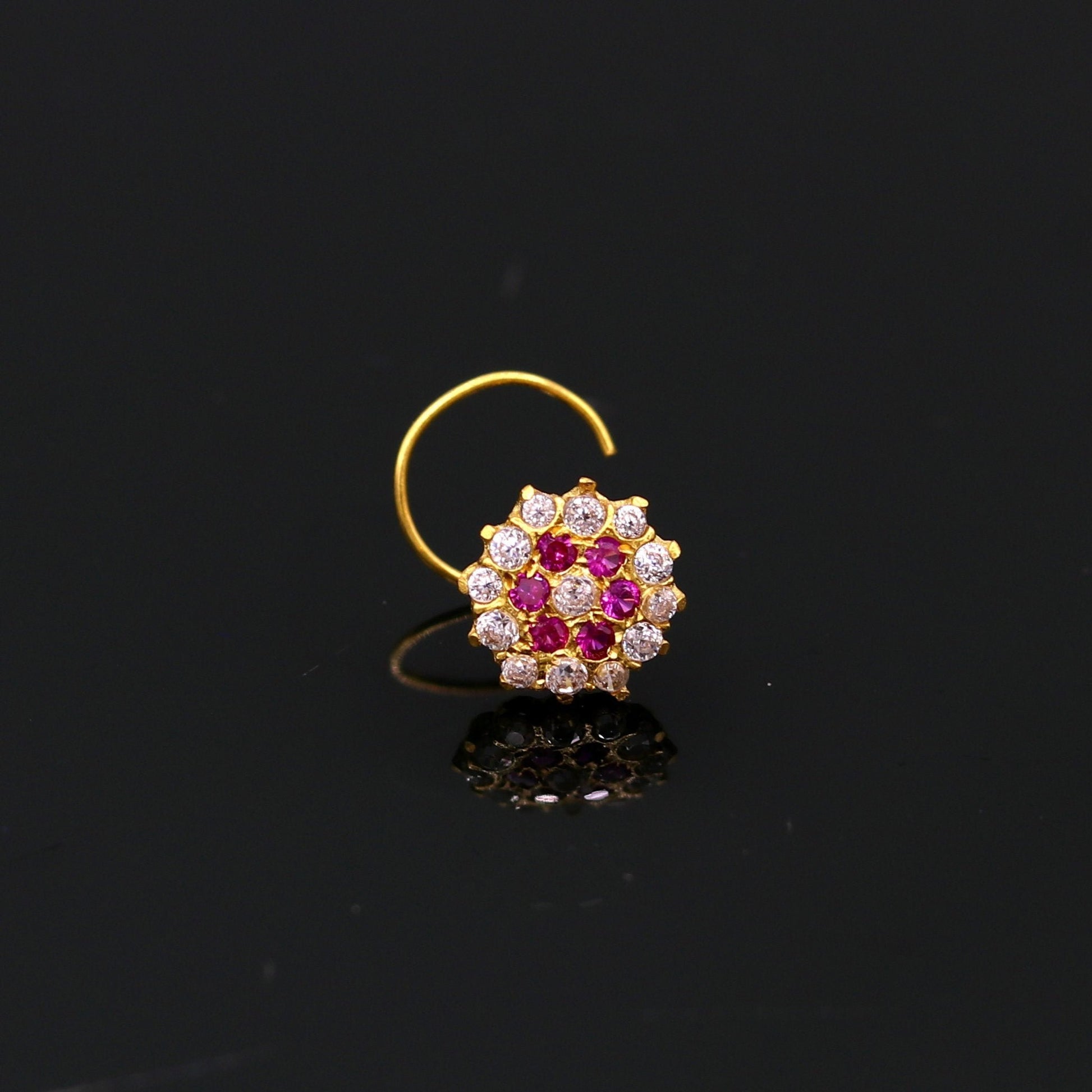 18kt yellow gold handmade fabulous pink color stone cubic zircon nose stud,excellent women girls daily use jewelry from Rajasthan gnp17 - TRIBAL ORNAMENTS