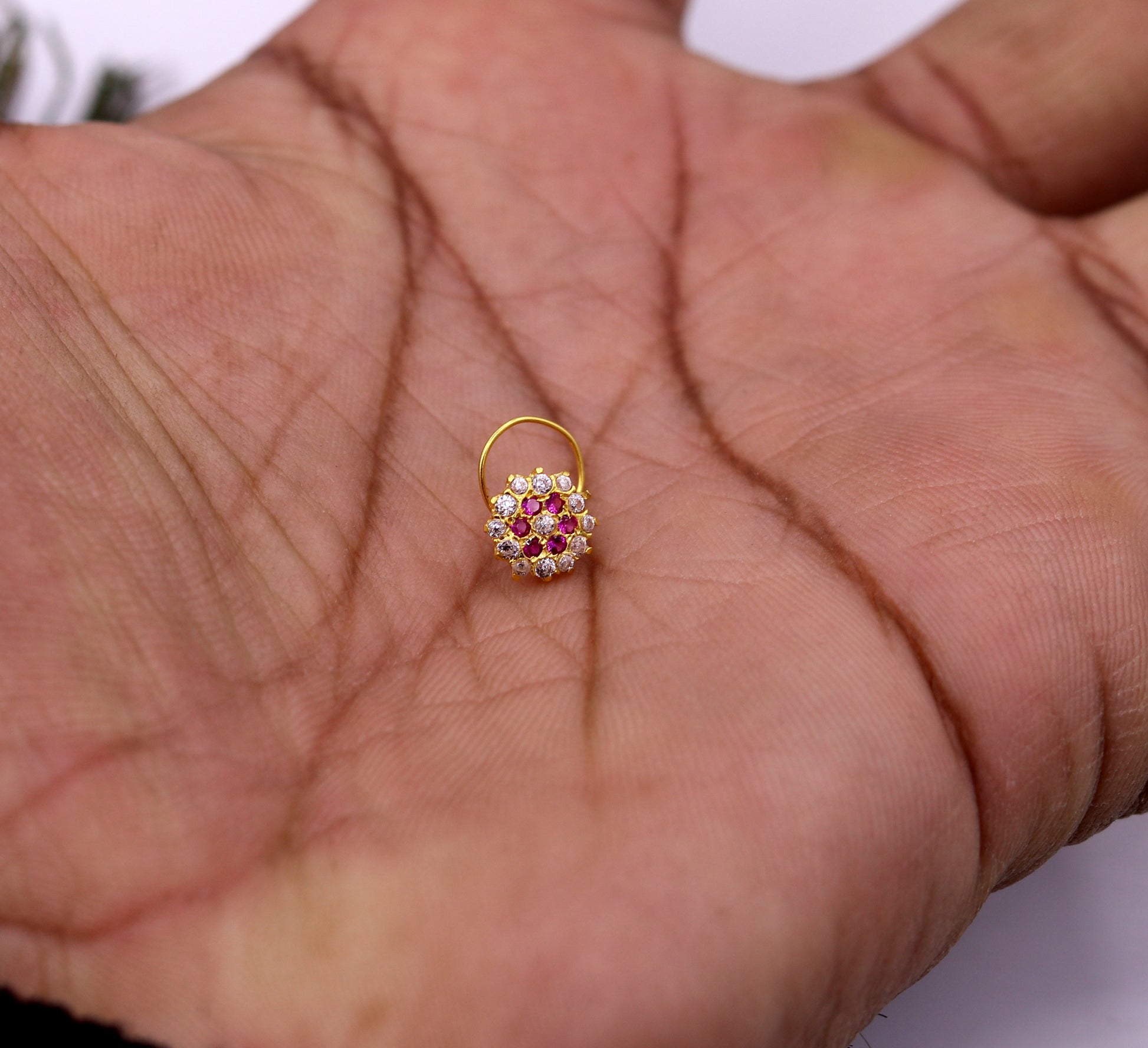 18kt yellow gold handmade fabulous pink color stone cubic zircon nose stud,excellent women girls daily use jewelry from Rajasthan gnp17 - TRIBAL ORNAMENTS