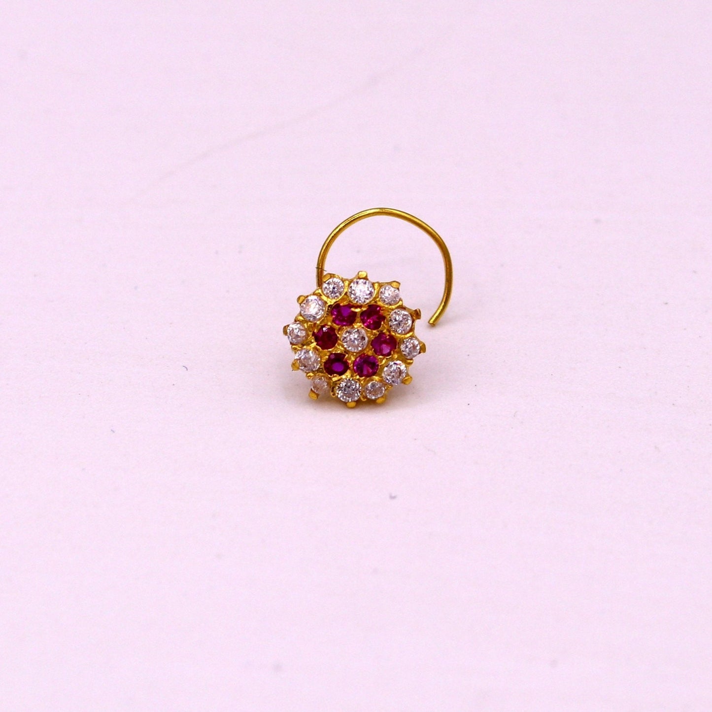18kt yellow gold handmade fabulous pink color stone cubic zircon nose stud,excellent women girls daily use jewelry from Rajasthan gnp17 - TRIBAL ORNAMENTS
