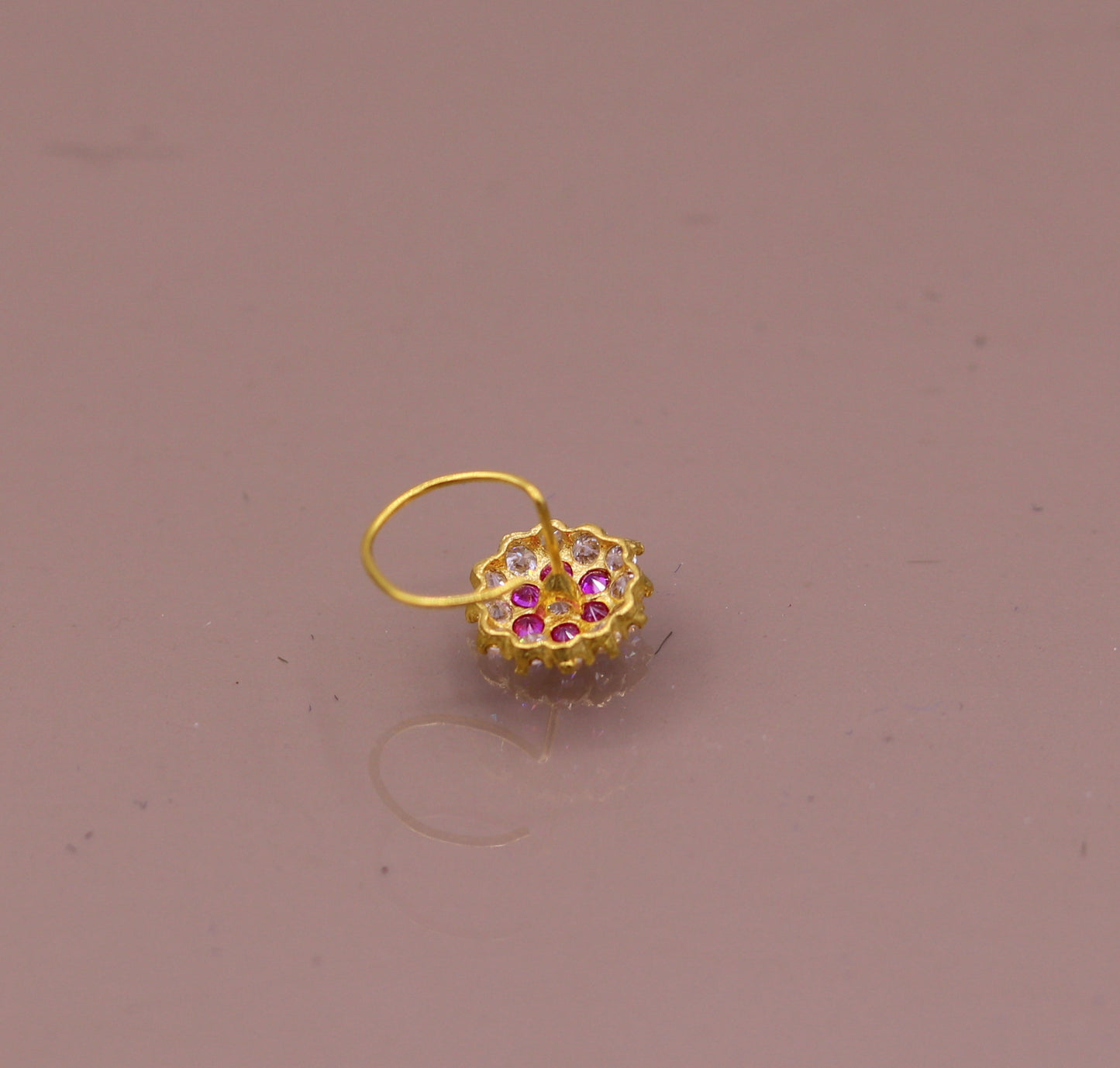 18kt yellow gold handmade fabulous pink color stone cubic zircon nose stud,excellent women girls daily use jewelry from Rajasthan gnp17 - TRIBAL ORNAMENTS