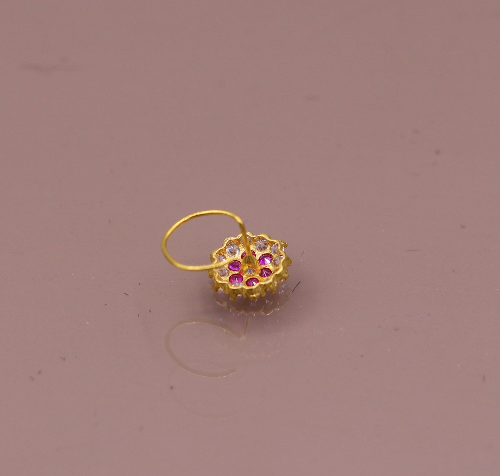 18kt yellow gold handmade fabulous pink color stone cubic zircon nose stud,excellent women girls daily use jewelry from Rajasthan gnp17 - TRIBAL ORNAMENTS