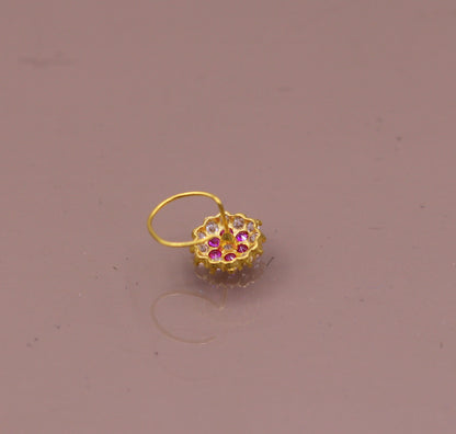 18kt yellow gold handmade fabulous pink color stone cubic zircon nose stud,excellent women girls daily use jewelry from Rajasthan gnp17 - TRIBAL ORNAMENTS