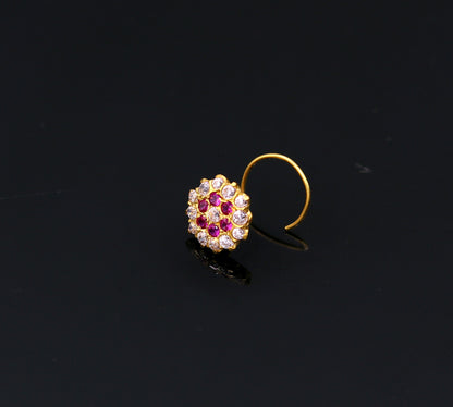 18kt yellow gold handmade fabulous pink color stone cubic zircon nose stud,excellent women girls daily use jewelry from Rajasthan gnp17 - TRIBAL ORNAMENTS