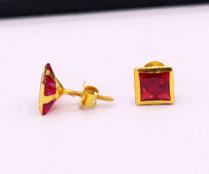 18kt yellow gold handmade fabulous ruby color stone stud earring unisex gifting jewelry - TRIBAL ORNAMENTS