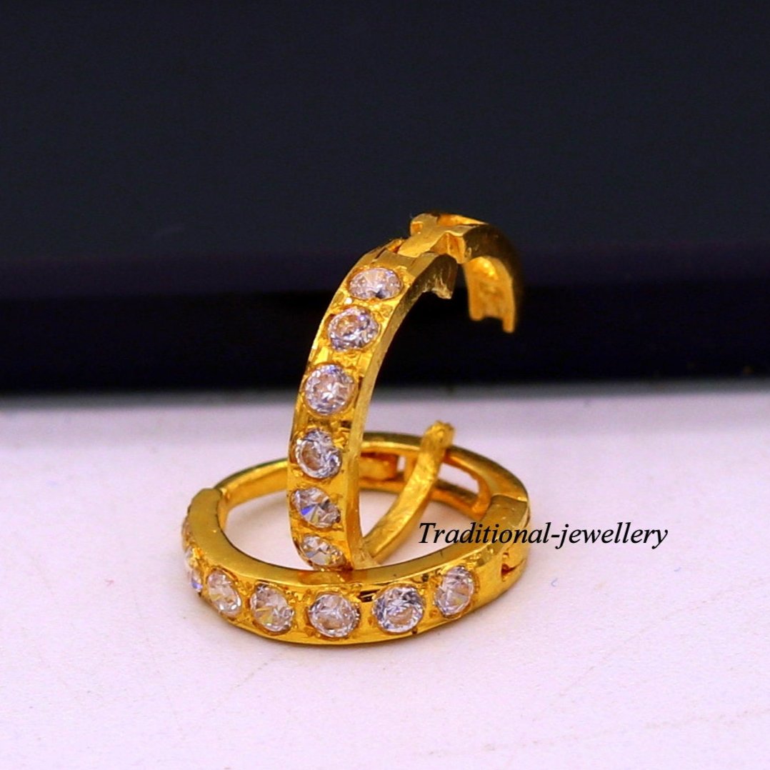 18kt yellow gold with fabulous cubic zircon stone handmade earrings hoops bali nose ring fabulous women's daily use jewelry - TRIBAL ORNAMENTS