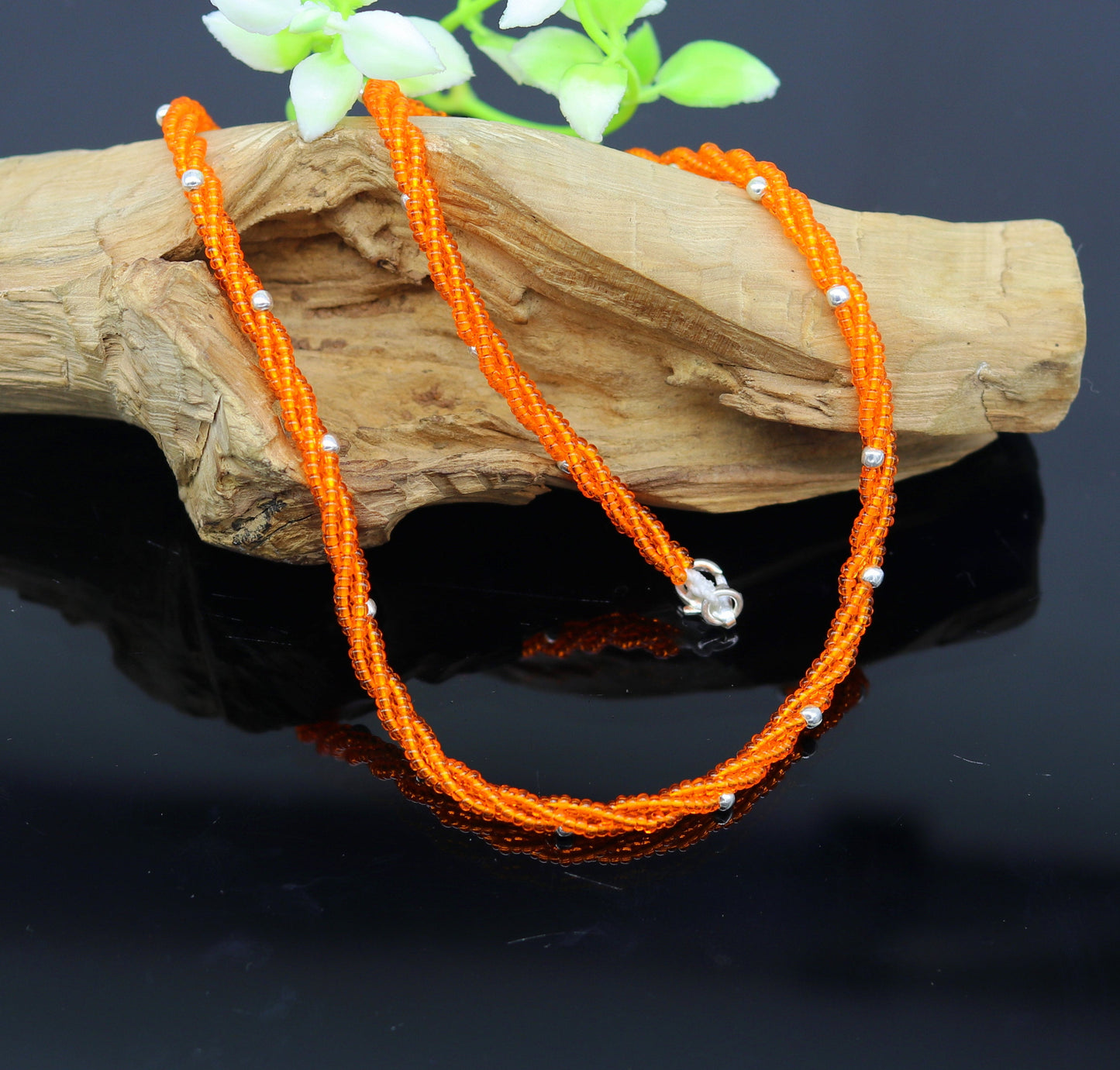 19" 925 sterling silver galaxy necklace triple strands semi precious stone beads with randomly placed silver beads necklace set136 - TRIBAL ORNAMENTS