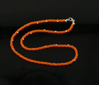 Tribal Ornaments 19-inch sterling silver galaxy necklace with triple strands, semi-precious stone beads, and silver accents.