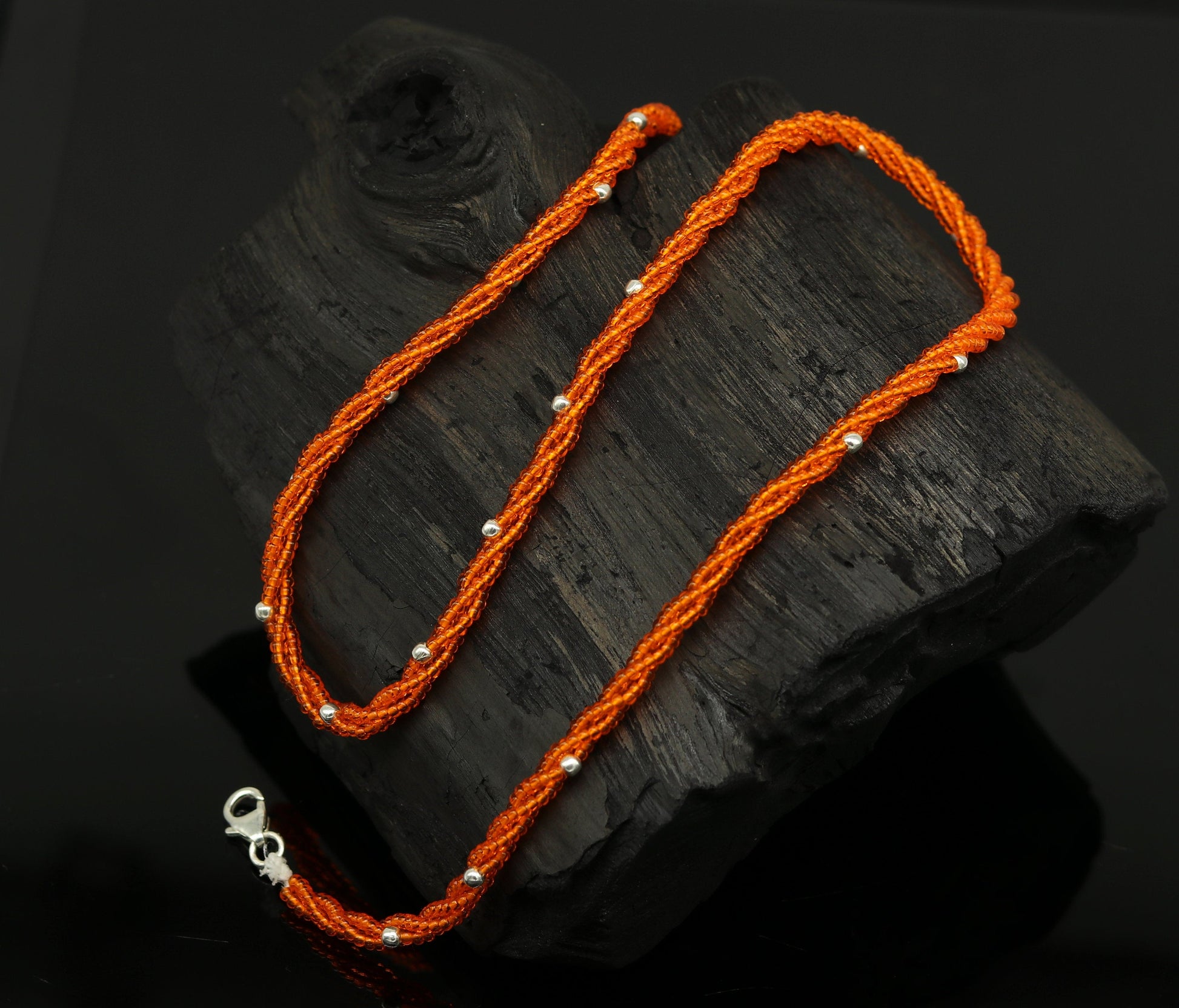 19" 925 sterling silver galaxy necklace triple strands semi precious stone beads with randomly placed silver beads necklace set136 - TRIBAL ORNAMENTS