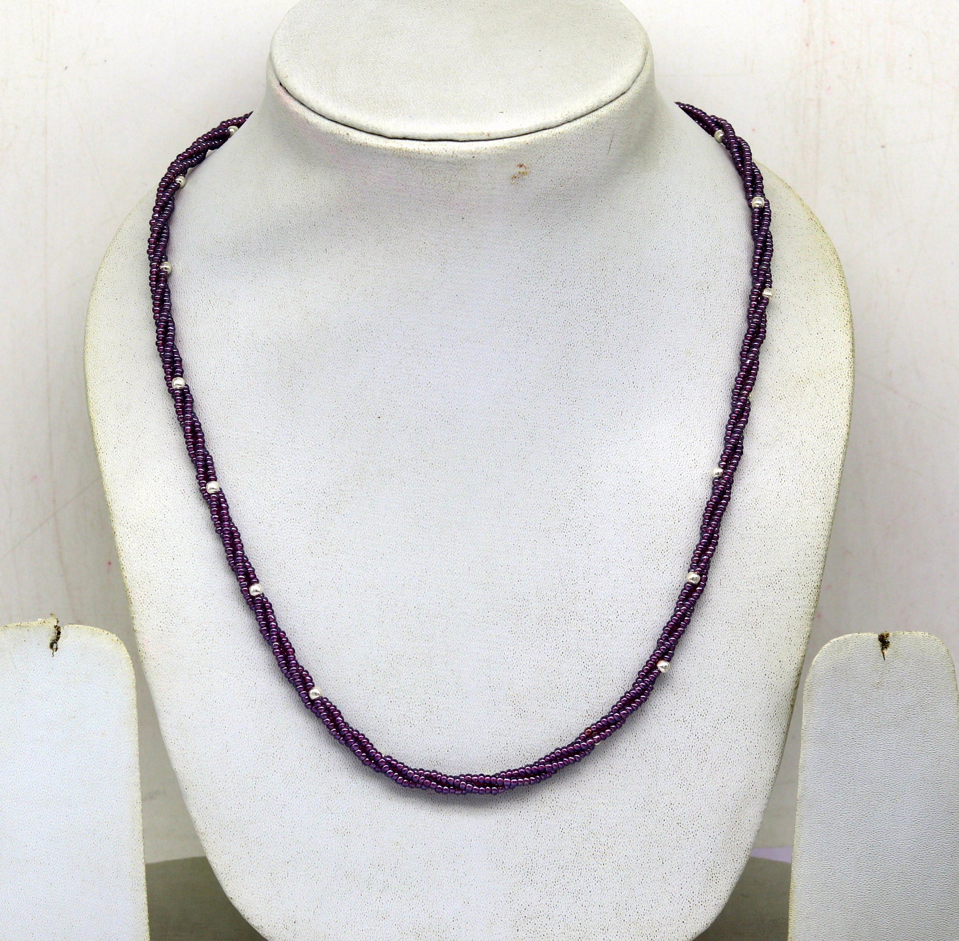 19" Exclusive Customized beaded necklace triple strands semiprecious purple beads, randomly 925 silver beads placed galaxy necklace set140 - TRIBAL ORNAMENTS