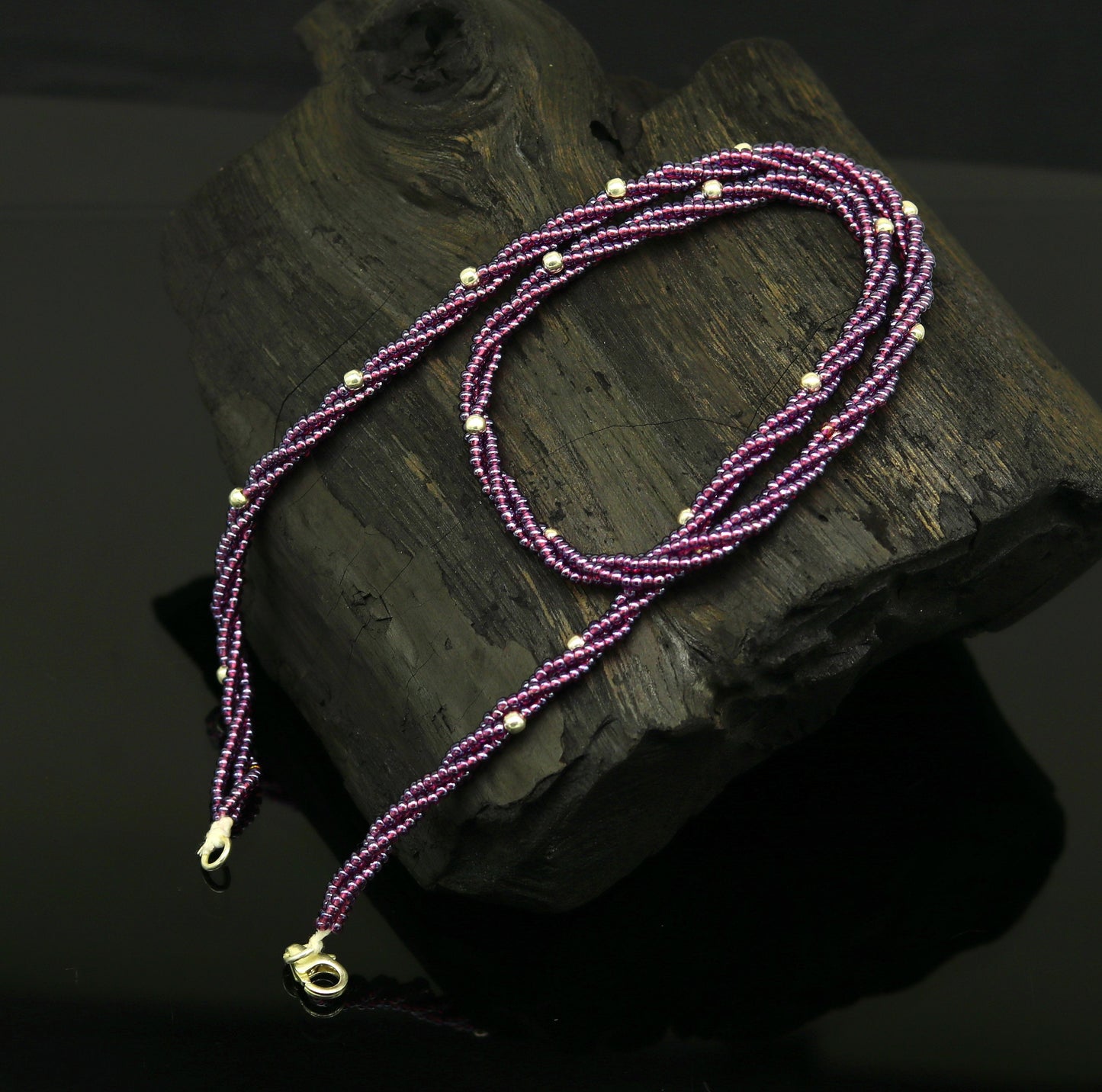 19" Exclusive Customized beaded necklace triple strands semiprecious purple beads, randomly 925 silver beads placed galaxy necklace set140 - TRIBAL ORNAMENTS