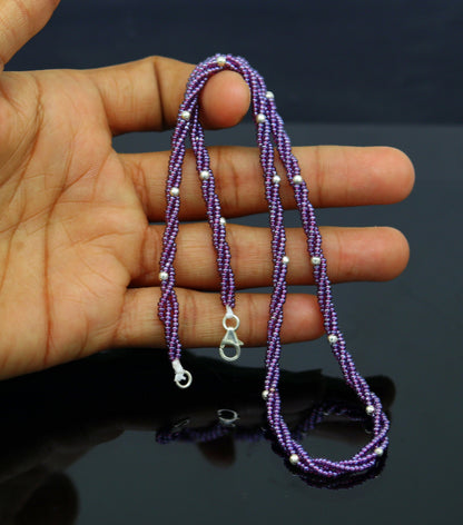 19-inch tribal beaded necklace with triple strands of purple semi-precious beads and silver accents, galaxy-inspired jewelry set.