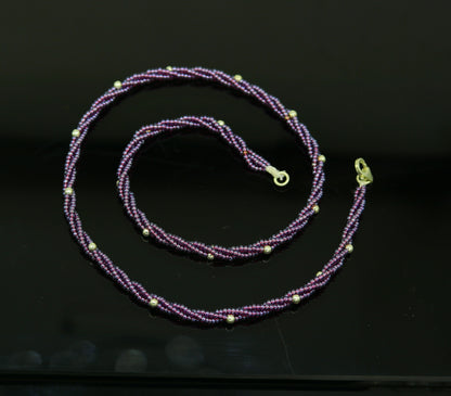 19-inch tribal beaded necklace by TRIBAL ORNAMENTS with purple semi-precious beads and silver accents in a galaxy-inspired design