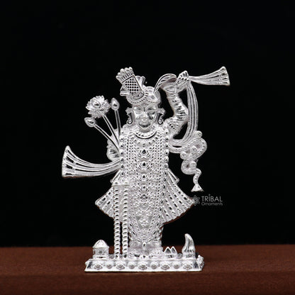 Sterling silver Lord Krishna Shrinathji idol figurine, handmade decorative puja art statue, perfect for religious worship and gifts.