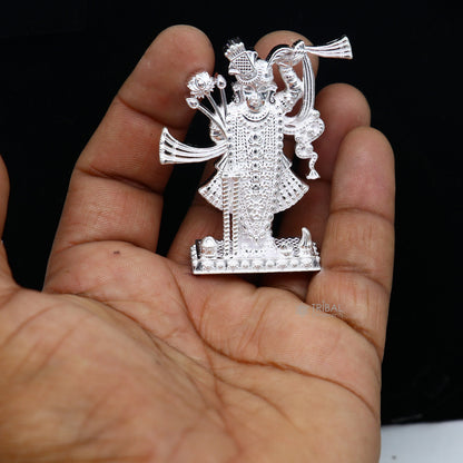 Sterling silver Lord Krishna Shrinathji idol figurine, handmade decorative puja statue for religious rituals and home decor.