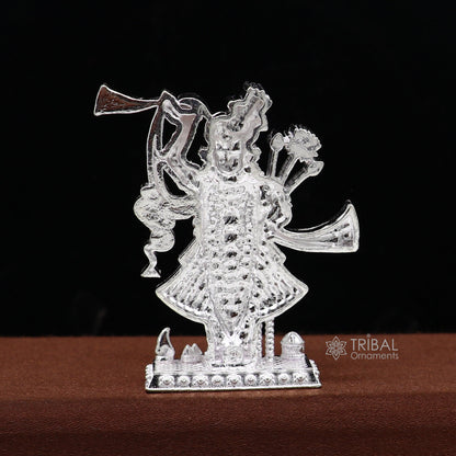 Handmade 2-inch sterling silver Lord Krishna Shrinathji idol figurine for puja, decorative Indian religious art from Tribal Ornaments.