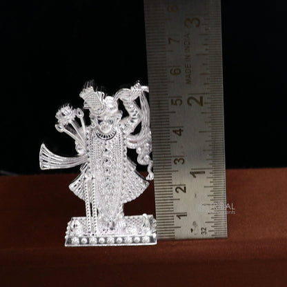 Sterling silver Lord Krishna Shrinathji idol figurine, handmade decorative puja statue for religious worship and home decor.