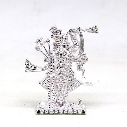 Sterling silver Lord Krishna Shrinathji idol figurine, handcrafted decorative puja statue for worship and spiritual gifting.